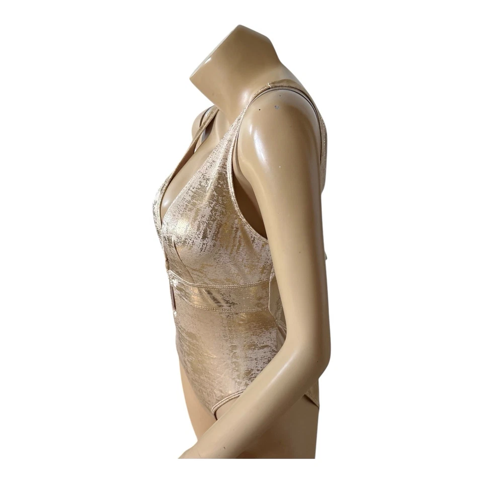 Terno de banho feminino tamanho médio metálico dourado uma peça recortado mergulho - Imagem 2 de 4