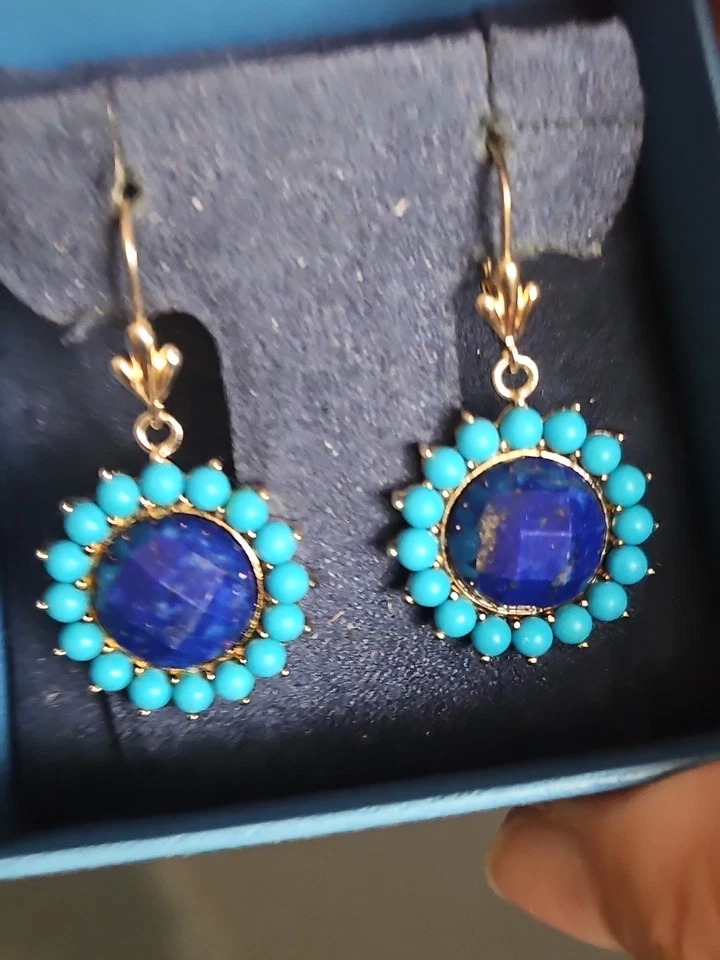 设计师银色 925 Lapis & Sleeping Beauty 悬垂耳环 1.5 英寸杠杆 — 第 4/4 张图片