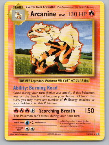 2016 POKEMON ARCANINE EVOLUTIONS 18/108 RARE NM A49495 FREE S&H