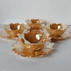 VTG Fireking Peach Luster Lotus Dessert Dishes Bowls Marigold Plates  8 Pc Lot