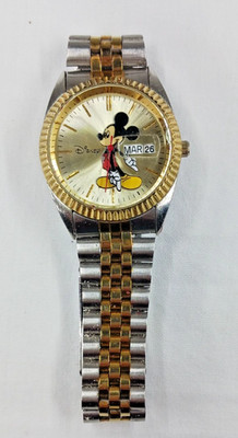 Vintage Disney Mickey Mouse Gold Tone Day Date Quartz Wrist Watch *Untested