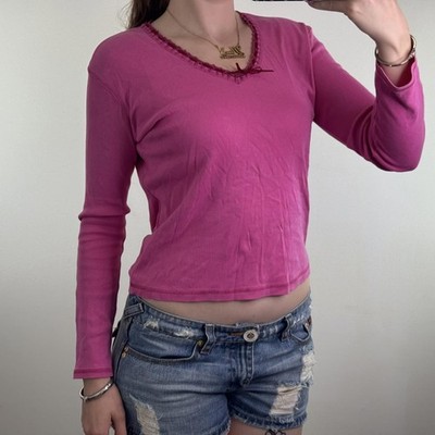 Y2K Vintage Langarmshirt Rosa V-Ausschnitt Schleife Band Basic Staple