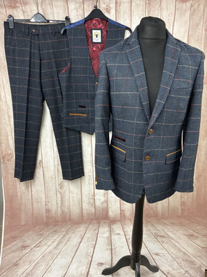 Marc Darcy Herren Tweed ETON 3 Teiler Anzug Wolle 40'' Sakko W30 Kariert Navy Rot