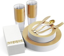 175 Count Gold Dinnerware Set for 25 Guests - Disposable Plastic Plates with