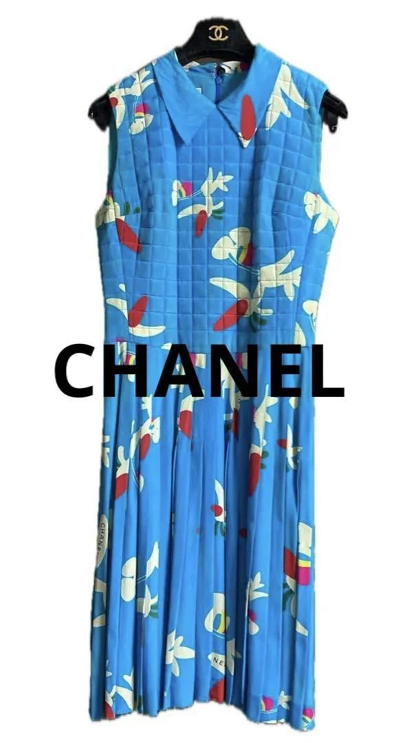Abito CHANEL CC logo smanicato trapuntato plissettato seta multicolore 38 M 84766c