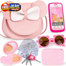 Play Purse with 23PCS Pretend Makeup, Princess Toys for Girls 3-12 Crossbody Bag