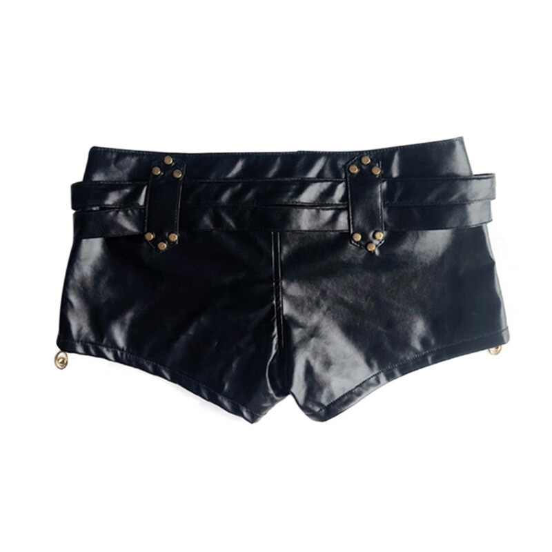 Women Sexy PU Leather Shorts Gothic Black Low Waist Super Shorts