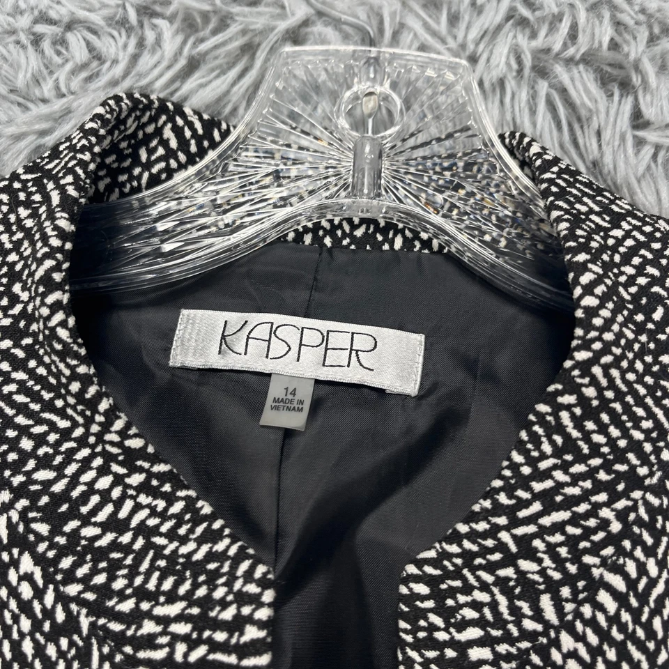 Blazer Kasper Para Mujer 14 Negro Blanco Geométrico Oficina Carrera Un Botón Mínimo Foto 4 de 4