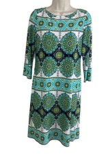 London Times 6 Womens Sheath Dress Green White Black Long Sleeve Boat Neck