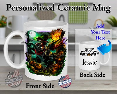 Happy Halloween Headless Horseman Fire Pumpkin Ceramic Coffee Drink Mug Fun Gift