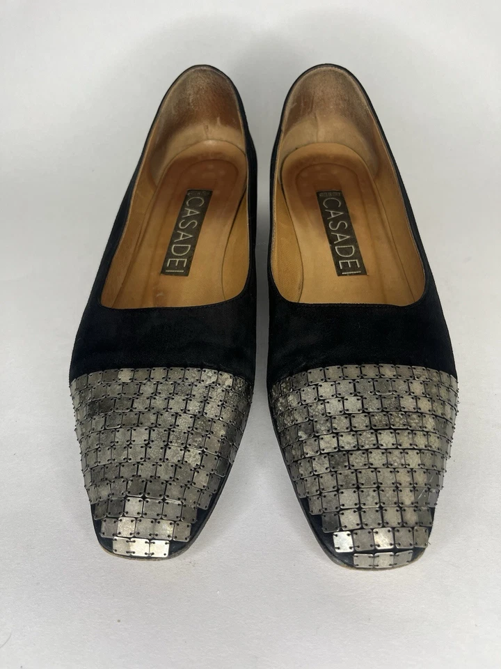 Casadei Tacones Zapatos Bombas Sin Cordones Mujer Talla 39 EE. UU. 8 Negro Gamuza Hecho en Italia Foto 3 de 4