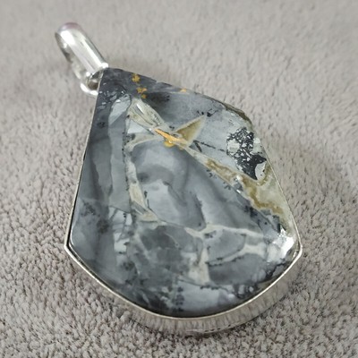Pendentif Jaspe Snow Flakes Naturel 29 Mm Monté Sur Argent - Pierre Naturelle - Neuf Sans Boîte