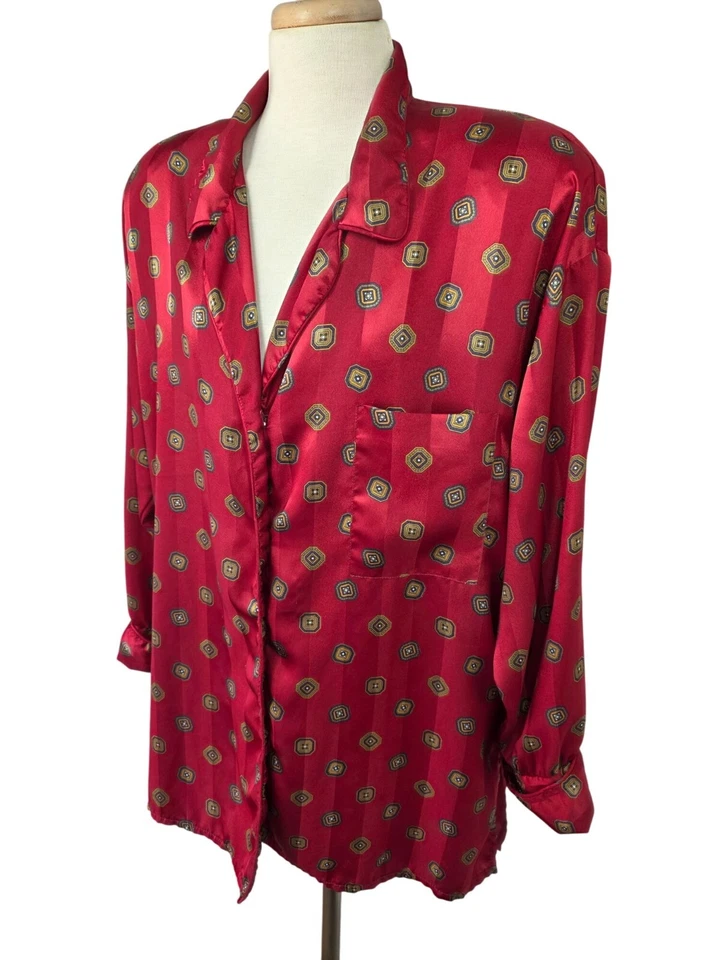 Christian Dior 80s Loungewear Shirt Womens Sz XL Silky Red Satin PJ Top Long Slv - Image 4 of 4