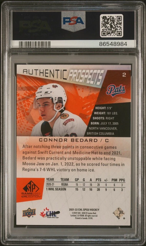 2021 SP Game Used CHL Connor Bedard Orange Foilboard RC Rookie PSA 10! 192/499 - Image 2 of 3