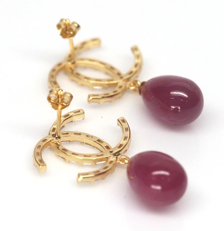 Heated 9 X 14 mm. Red Ruby & Cubic Zirconia Earrings Silver 925 Sterling - Image 4 of 4