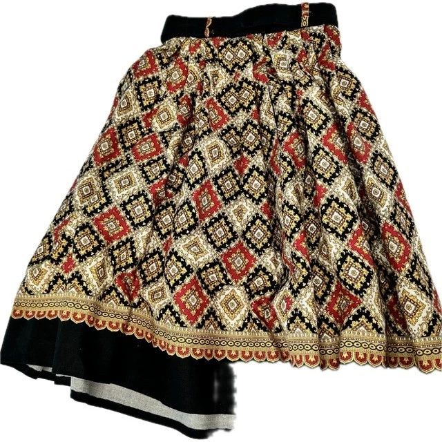 Falda Círculo Completo Vintage Años 60 70 Negra Roja Oro Estampado Diamante Cinturón Midi Pequeña Foto 4 de 4