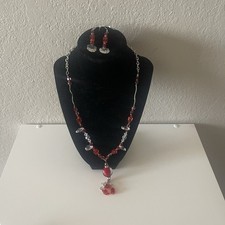 Woman  s Red  Clear Beaded Fashion Jewelry Necklace  Earrings Set