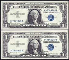 USPC TWO (X2) FR 1621 $1 1957B SILVER CERTIFICATES, UNC (GEM) WITH SEQ SERIAL#'s
