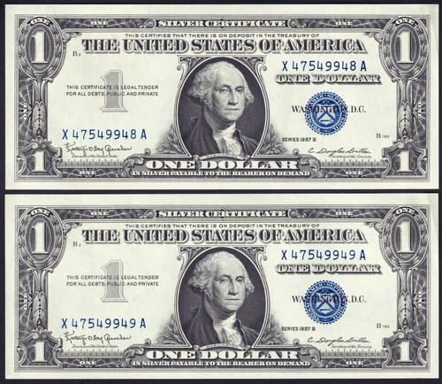 USPC TWO (X2) FR 1621 $1 1957B SILVER CERTIFICATES, UNC (GEM) WITH SEQ SERIAL#'s - Picture 1 of 7