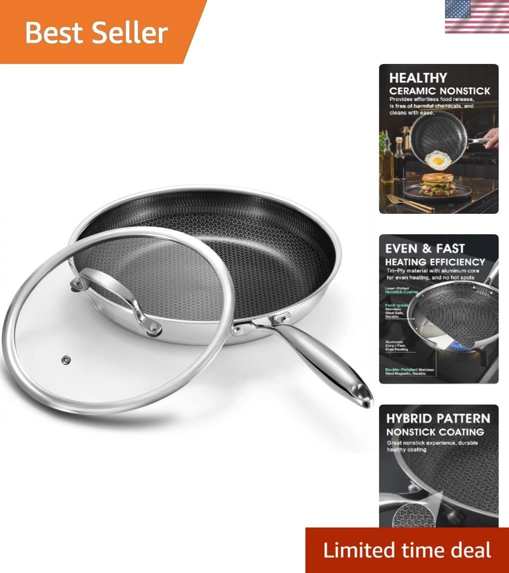 Non Stick Frying Pan 12 Inch with Lid, Hybrid Nonstick Stainless Steel Skille...