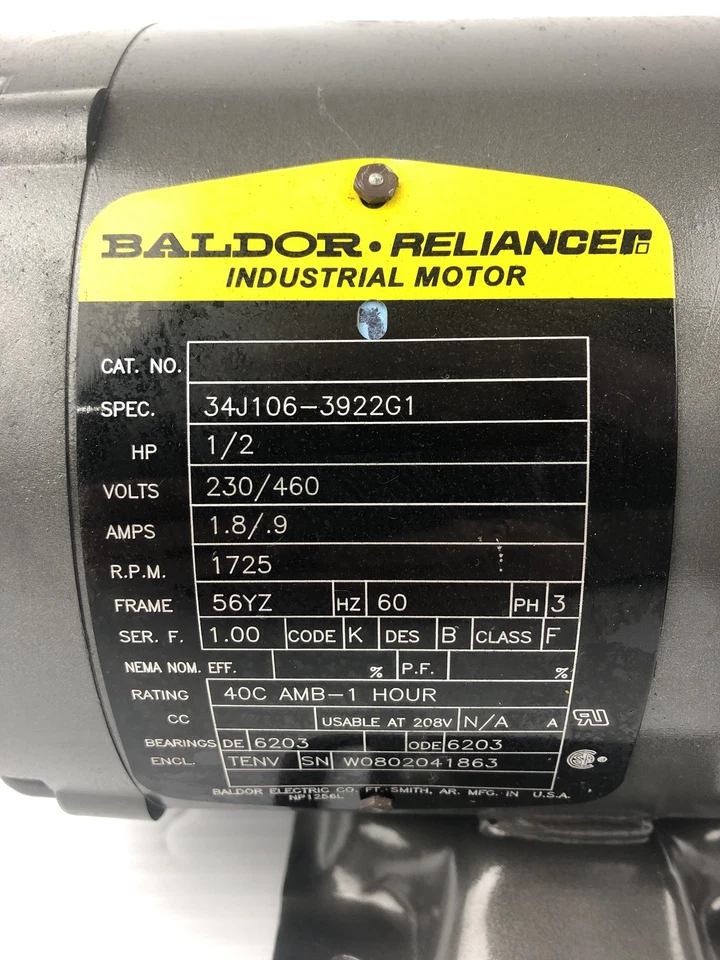 Baldor Reliance Industrial Motor 1/2 HP 56YZ 1725 RPM 34J106-3922G1 - Image 2 of 4