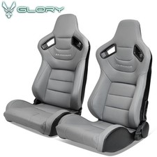 Universal Racing Seats Pair Reclinable Dual Sliders Grey Pucarbon Leather Back