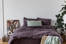 Deep Purple Linen Duvet Cover Set: Washed Boho Bedding with Buttons