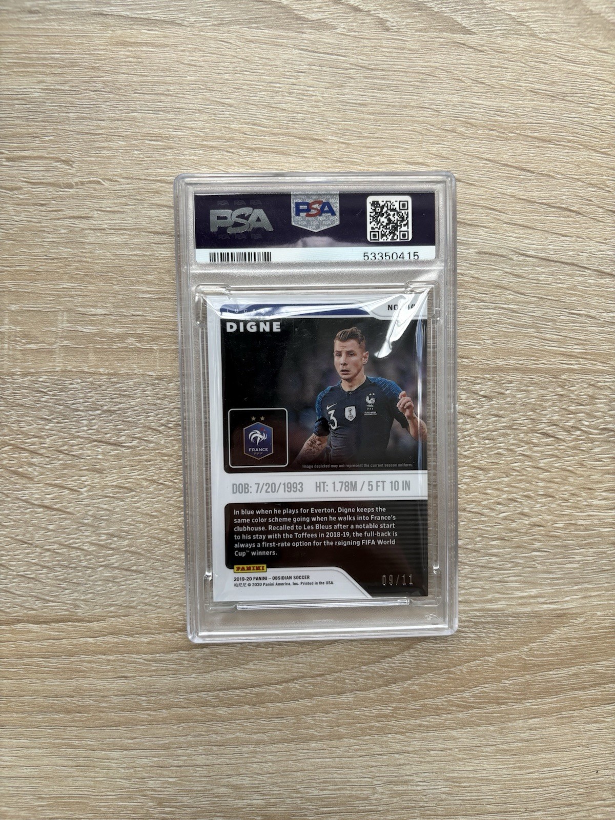 2019 Obsidian Lucas Digne Pink /11 PSA 10 France Soccer Card 9/11 GEM MT view 2