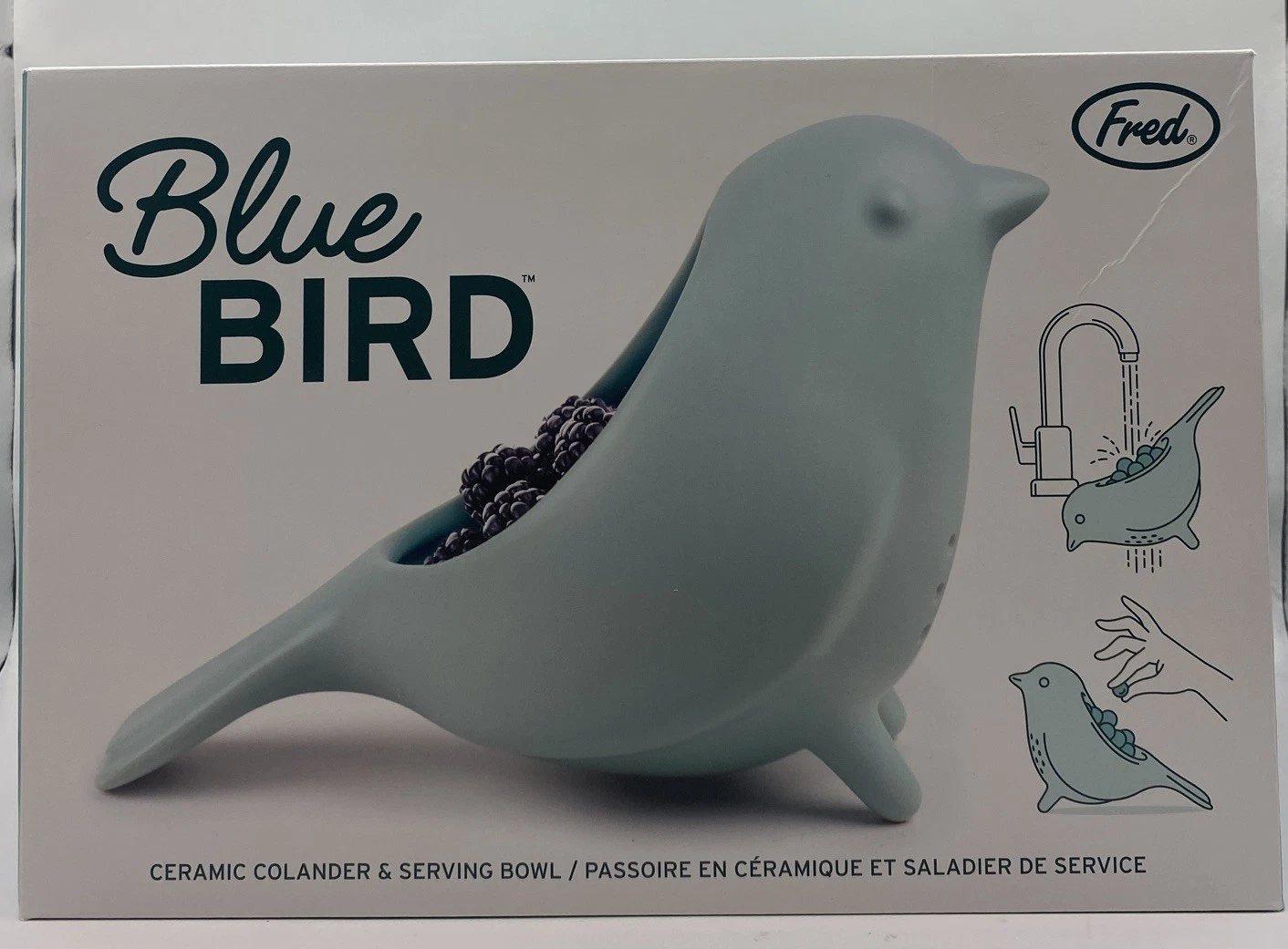 Genuine Fred BLUE BIRD Ceramic Colander Rinse Serve Bird Shaped Serving Bowl NIB