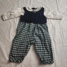 Petit Ami Green Checkered Blue One Piece Romper Baby Boy Size 6 Months Vintage 