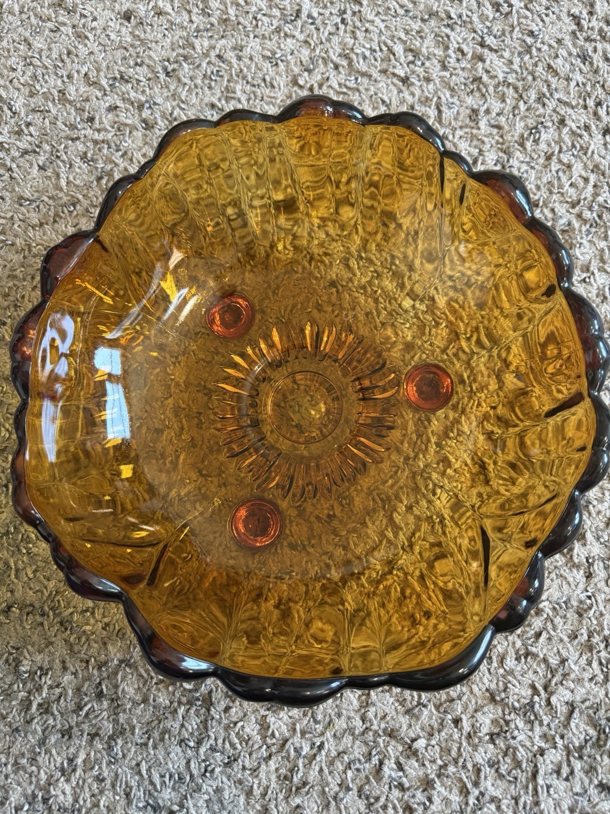 Indiana Glass Vintage Honey Amber Sunflower 11" Footed Serving Fruit Bowl EUC