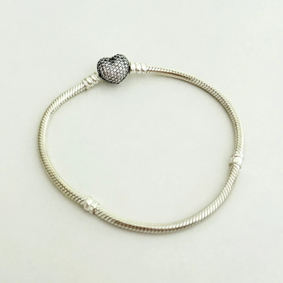 Pandora Brillante Corazón Serpiente Cadena Plata Esterlina Pavé Transparente Circonita Brazalete 7.9" Foto 2 de 4