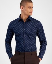 Alfani 4-Way Stretch Medallion Dress Shirt Men's S 14-14.5 32/33 Navy Green L/S