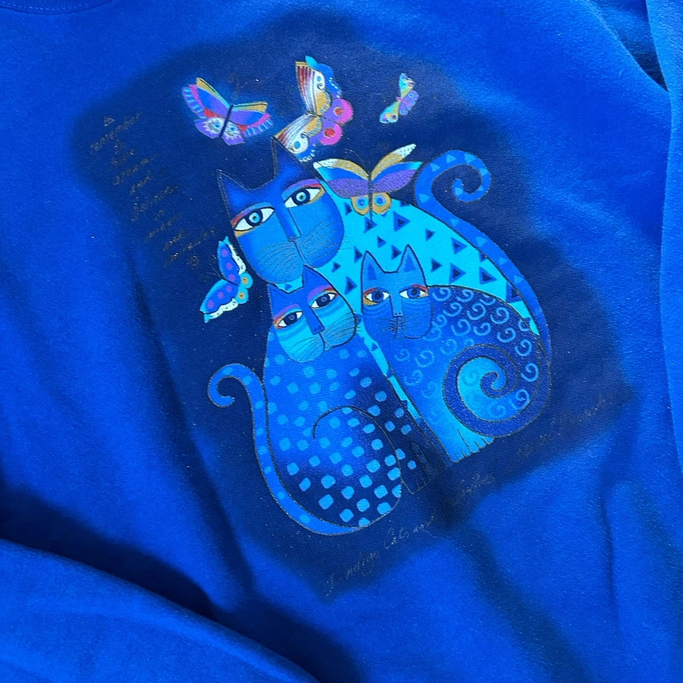 复古 Laurel Burch 紫色猫艺术蝴蝶运动衫 M 码 — 第 2/4 张图片
