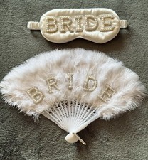   BRIDE  White wedding feather fan with pearls and  BRIDE  white pearl eye mask