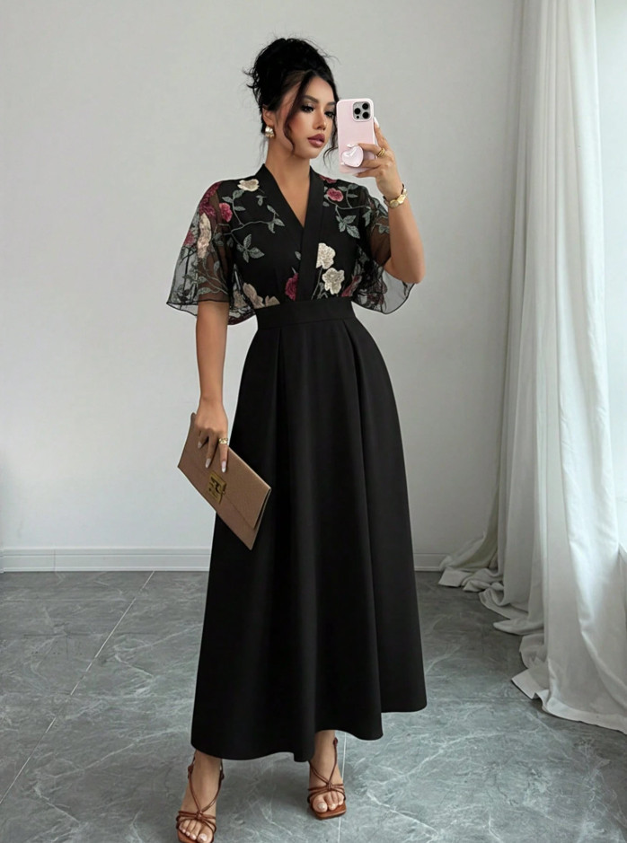 Nuevo Vestido Fluido Floral Flotante Elegante de Malla Vacaciones Boda de Verano Vacaciones