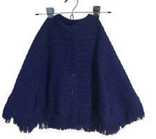 Handmade Kid's Cape Shawl Poncho Blue Hand Knit Hand Vents Fringe Button Front