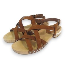 MIUMIU Beaded Studs Suede Strap Wood Sandals 37.5 Approx.9.6"" Brown Women USED