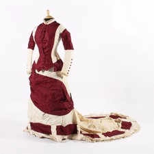 1870s Victorian Dresses Burgundy Ivory Bustle Skirt Vintage Historical Costume