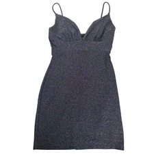 Windsor Silver Glitter S Mini Dress V-Neck Spaghetti Strap Trap Disco NWT