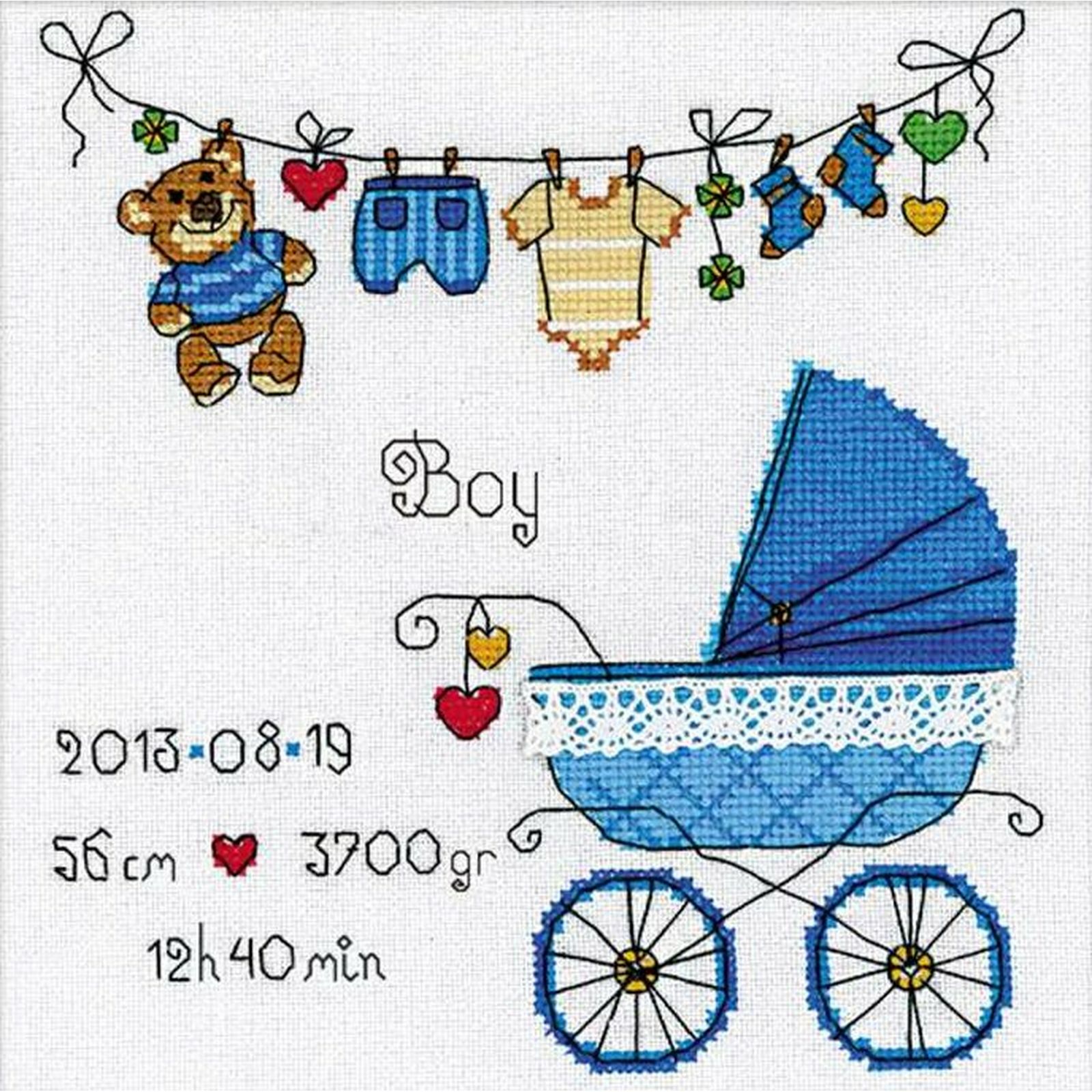 Point de croix compté RIOLIS 1418 bleu : broderie lin tableau de naissance garçon
