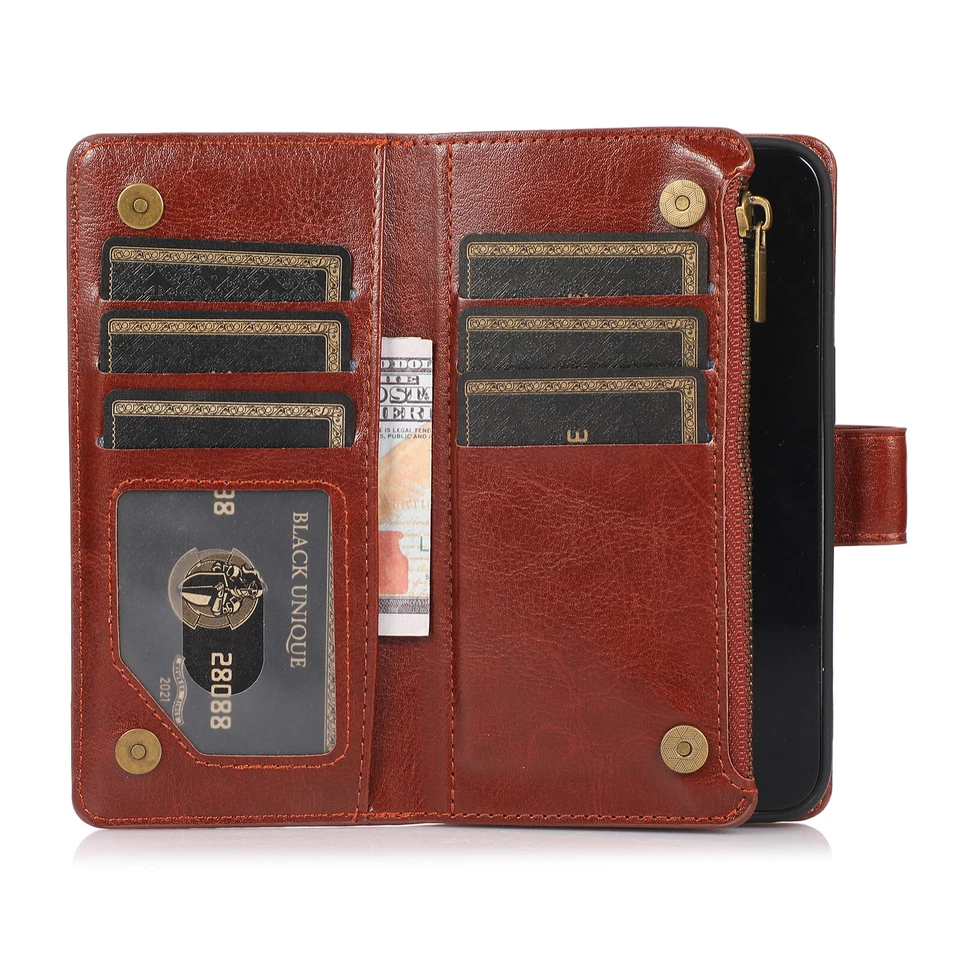 For iPhone 13 12 Pro Max 11 XS XR 8 7 Leather Zipper Card Slot Strap Wallet Case - Image 3 of 4