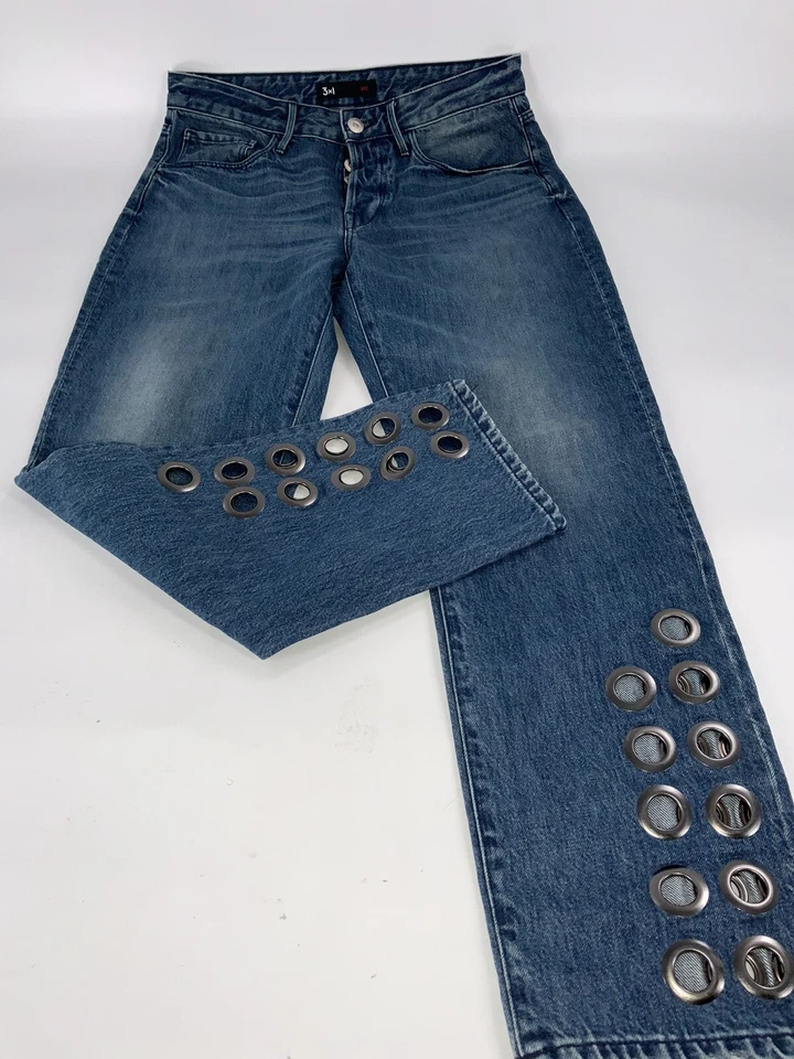 Pantalones de mezclilla 3x1 NYC Dita talla 28 azul algodón botón mosca anillo recto parte inferior YGI C3-211 Foto 2 de 4