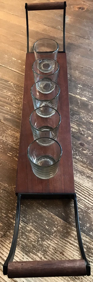 5 Glass Votive Candle Wood Tray with Metal/Wood Handles - Image 4 of 4