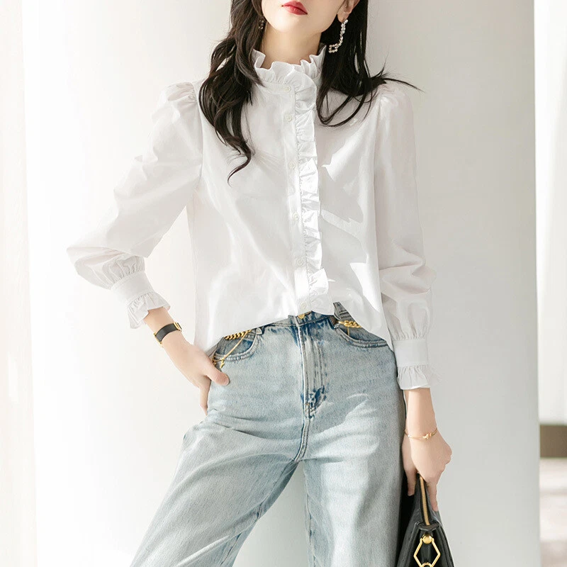 White long sleeve shirt with ruffles sales