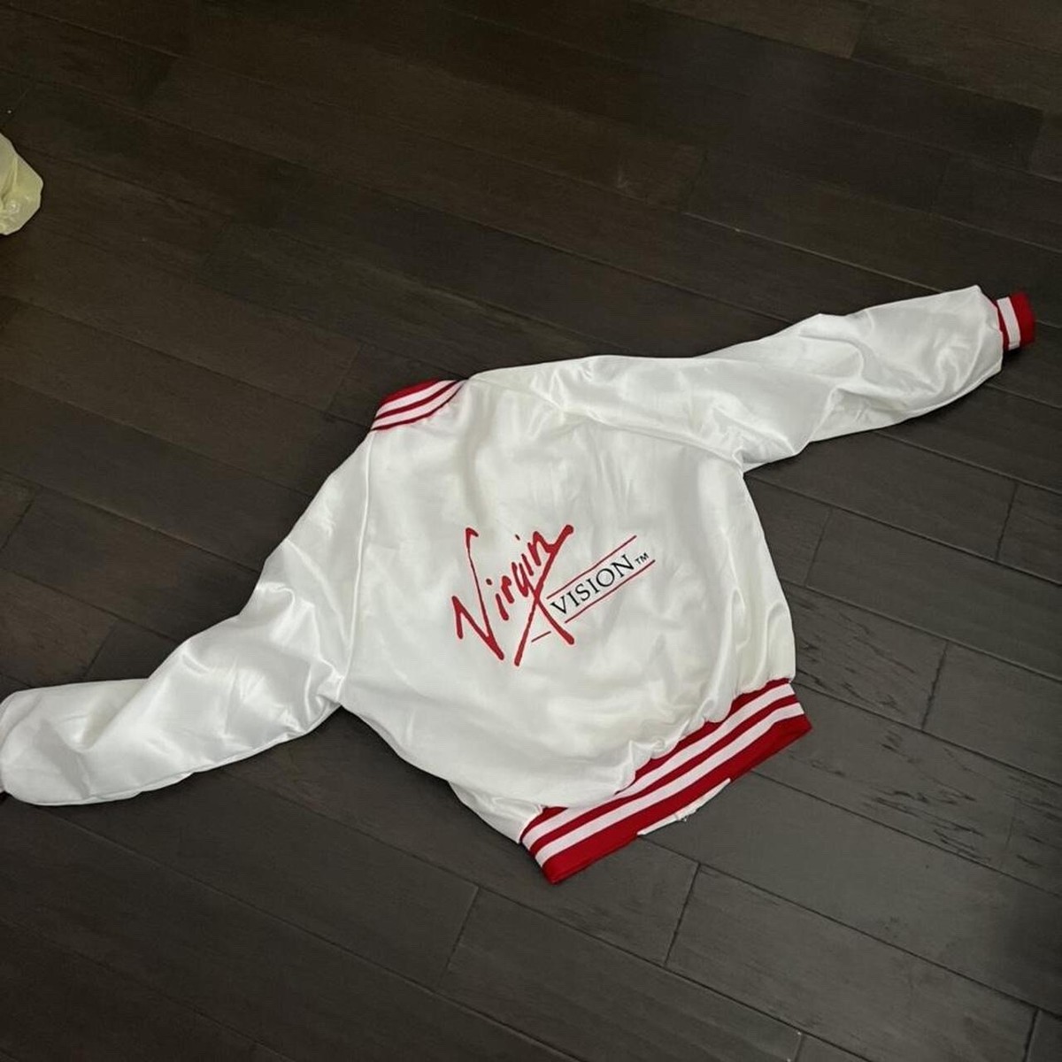 Veste Bomber Vintage Années 80 - Marque Dunbrooke, Promotion Virgin Vision - Taille M, Satin Blanc