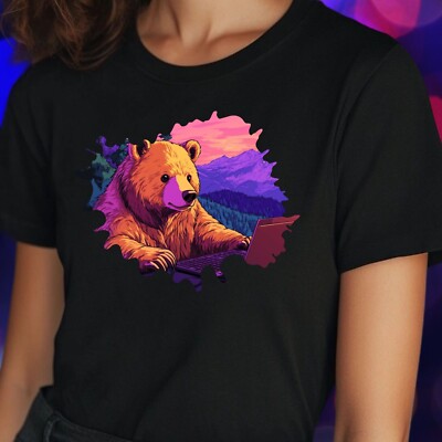Women's Cartoon Bear Computer Print Cotton T-Shirt Size S to 3XL