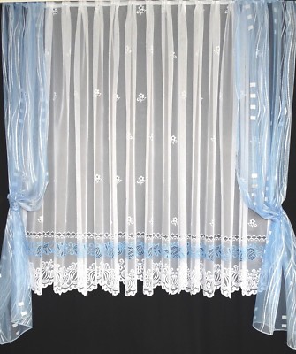 Jacquard Gardine weiß ''blaue Zwiebel'' Seitenschal, Stores, Scheibengardine `K`