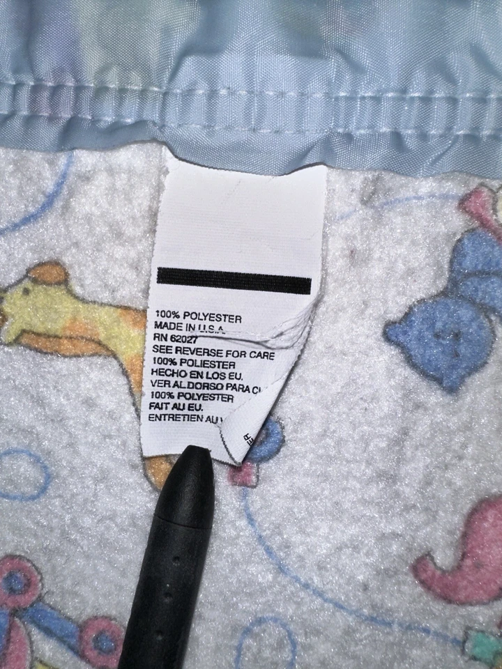 VTG Baby Blanket Satin Edge Trains Clowns Circus Animals Blue White AOP Made USA - Image 3 of 4