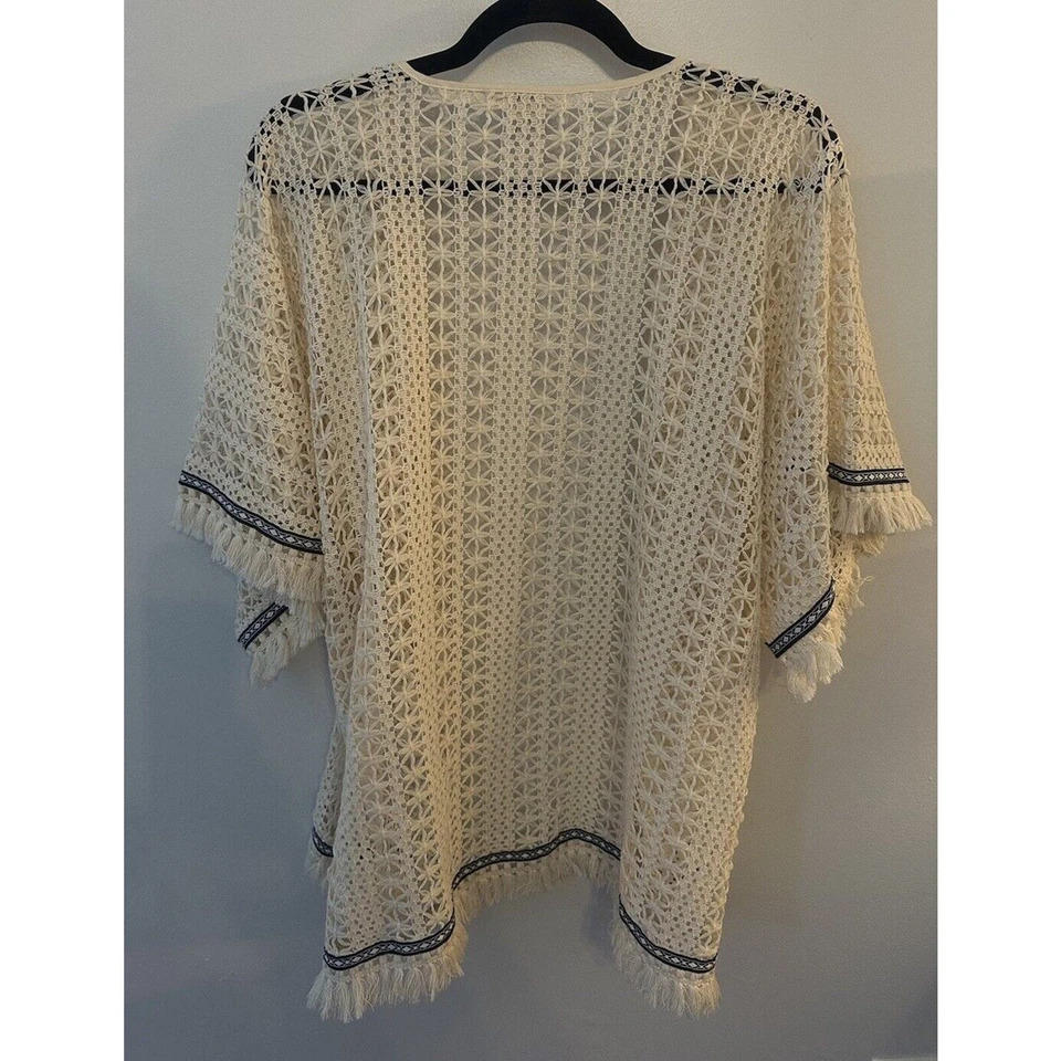 YA los Angeles Crochet Kimono Open Sweater Fringed Boxy Ivory 1/2 Sleeves Medium - Image 2 of 4